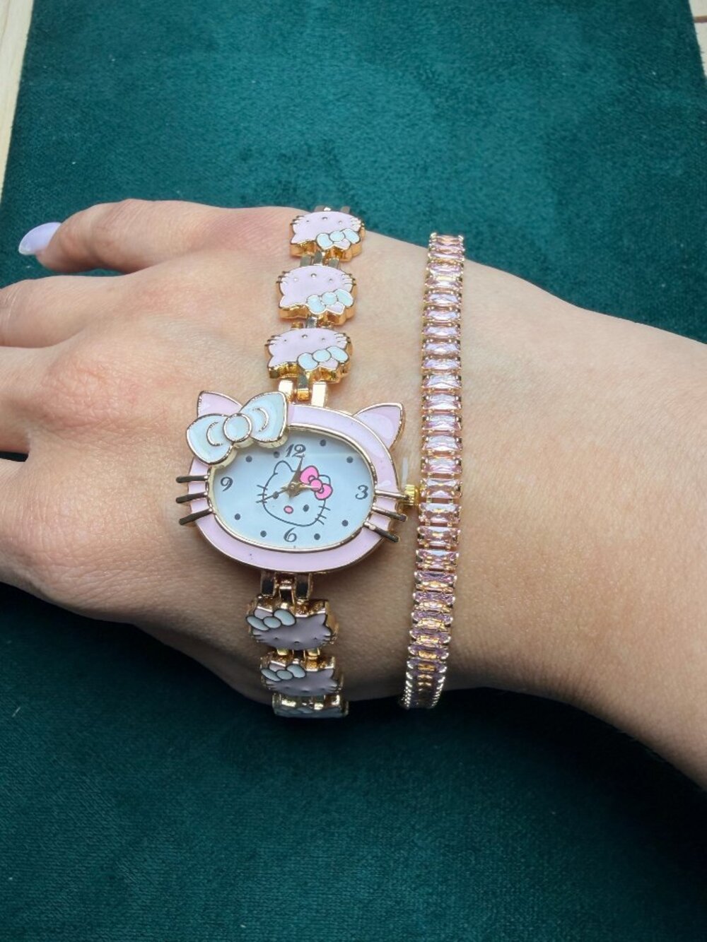 Cute Kitty Face Watch Pink Mint Gold Tone + Pink Baguette Tennis Bracelet Set